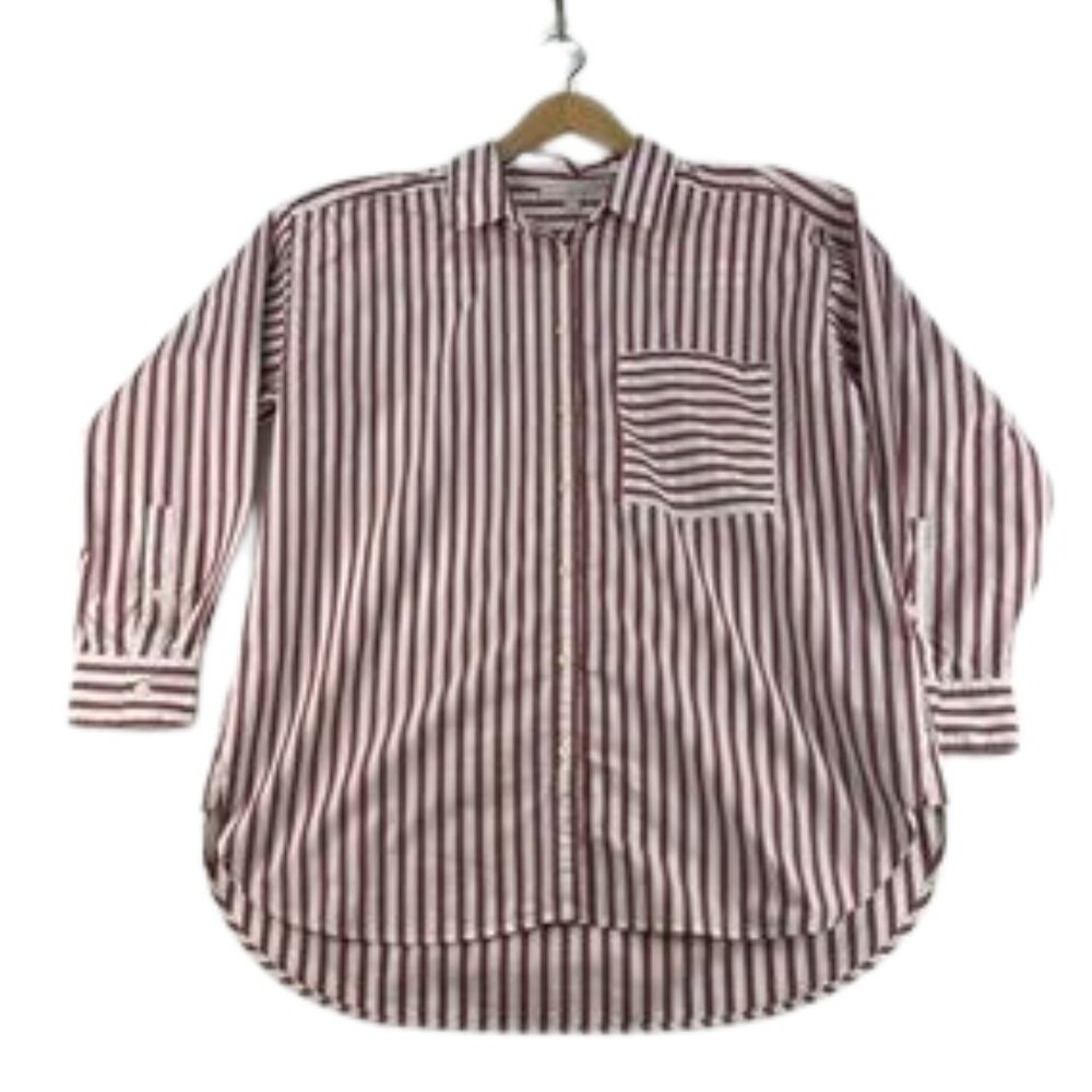 LOFT Red White Striped Tunic Button Down 100% Cotton Size L